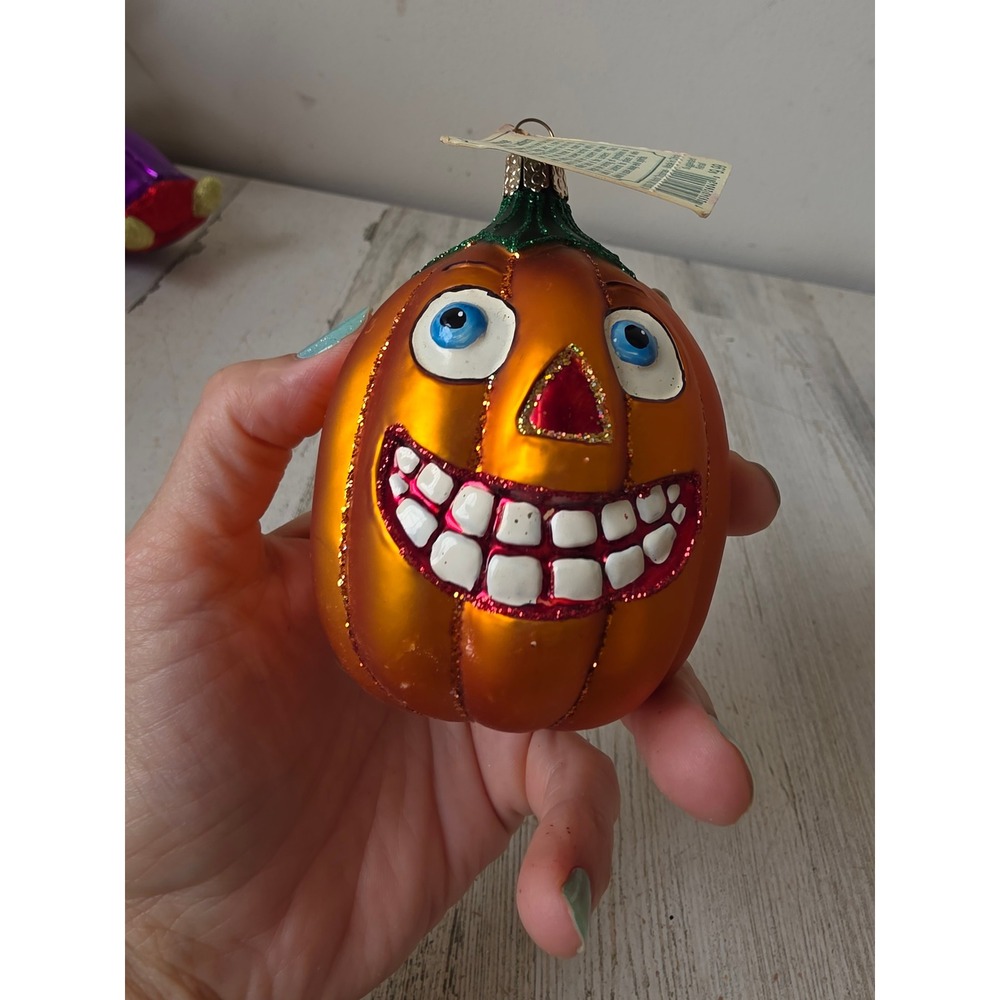 Vintage OWC old world jack-o'-lantern pumpkin glitter orange Halloween ornament - Picture 6 of 7